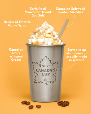 This 16oz iced latte is made with Balzac’s signature Fair Trade, organic espresso (roasted in Ontario), blended with water from the superior side of Lake Superior. It’s topped with Canadian whipped cream, drizzled with Ontario maple syrup, and finished with a sprinkle of Vancouver Island sea salt — a refreshing tribute to Canadian flavours from coast to coast. (CNW Group/Balzac's Coffee Roasters)