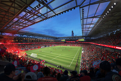 Chicago Fire FC internal stadium rendering - facing North with view of Willis Tower