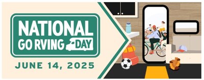 Graphic stating National Go RVing Day June 14, 2025 with a picture looking out the door of an RV
