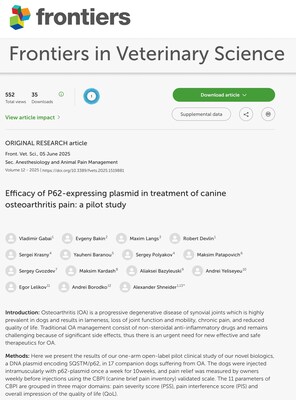 Frontiers in Veterinary Science (June 2025) features CureLab Veterinary’s peer-reviewed pilot study showing 90 % treatment-success with ElenaVet™ p62-plasmid gene therapy for canine osteoarthritis (DOI 10.3389/fvets.2025.1519881)