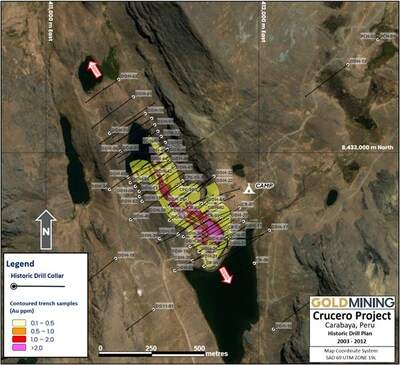Figure 2 – Crucero plan map showing location of drill holes and an outline of mineralization exposed at surface within the A1 Zone. (CNW Group/GoldMining Inc.)