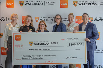 Left to right - From University of Waterloo: Dr. Andrea Edginton, Professor, Hallman Director, Associate Dean, Faculty of Science; Dr. Sherilyn Houle, Associate Professor, Co-lead PIIRC; Dr. Nancy Waite, Professor, Co-lead PIIRC. From GSK Canada: Michelle Horn, Country Medical Director; Catherine Keogh, Senior Manager, Public Health Ontario; Ramon Goomber, Head Pharmacy & Clinical Practice Innovation, Vaccines. (CNW Group/GlaxoSmithKline Inc.)