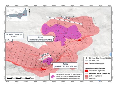 Figure 2: Interpreted footprints of the Vega and Rigel caesium zones based on a 0.5% Cs2O grade constraint within the wider CV13 Pegmatite body.