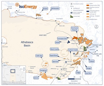 Figure 4 – Location map of the Hurricane deposit and exploration projects in the eastern Athabasca Basin showing planned summer exploration work. (CNW Group/IsoEnergy Ltd.)
