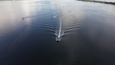 An autonomous “swarm” of MARTAC vessels, led by a 38ft Devil Ray performs a surveillance and interdiction mission for observers from the US military.
