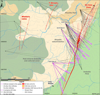 Figure 1: Wharekirauponga plan view of geology and drill traces highlighting the EG vein zone, T-Stream vein, and Western veins, and drill platform locations (CNW Group/OceanaGold Corporation)