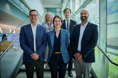 From Left: Dr. Aristotle Voineskos (CAMH), Sarah Downey (CAMH), Dr. Viviane Poupon (Brain Canada), Dr. Tristan Glatard (CAMH), and Dr. Ali Khan (Western) in Toronto. (CNW Group/Brain Canada)