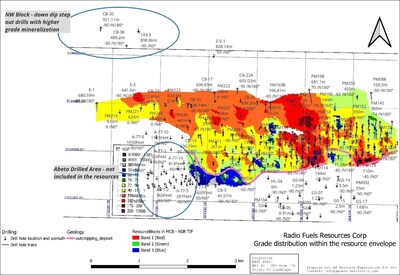 Figure 4: Resource Block Model with grade distribution (plan view). The mineralization dips 20 - 25 to North and is open down dip and at higher grade. The step outs to north show several higher-grade intercepts. To the SW the already drilled Abeta block is not in the resource as this property was acquired later. (CNW Group/Palisades Goldcorp Ltd.)