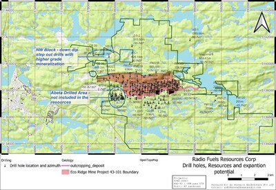 Figure 1: Eco Ridge drill hole distribution map with resource envelope and known resource expansion oportunities. (CNW Group/Palisades Goldcorp Ltd.)