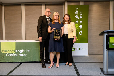 PECO Pallet was honored by CITT - Canada's Logistics Association - for Environmental Sustainability.  Receiving the award for PECO (C) is Julie-Anne Dupius, Director, Sales. Representing CITT are (L)  Victor Charbonneau, Chair of the National CITT Board of Directors;  and (R) Pina Melchionna, President & CEO of CITT.