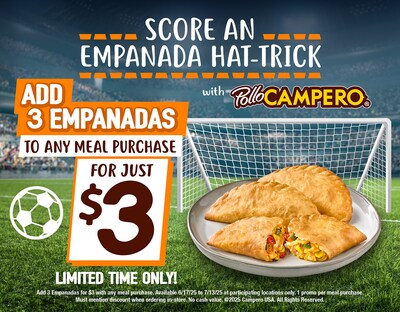 At Pollo Campero through July 13, score an Empanada Hat-trick, adding three Empanadas for only $3 to any meal purchase at participating locations. Pollo Campero’s crispy, golden-brown Empanadas are stuffed with freshly pulled chicken, roasted corn, peppers, onion and Monterey Jack cheese, then seasoned to perfection with smoky, tangy Campero sauce.