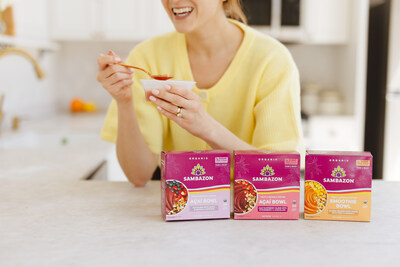 Enjoy SAMBAZON's new set of pre-topped frozen açaí & smoothie bowls, designed for convenience. Now Available at Target, followed by Sprouts, and Publix this summer with more retailers expected later in the year. (PRNewsfoto/SAMBAZON)