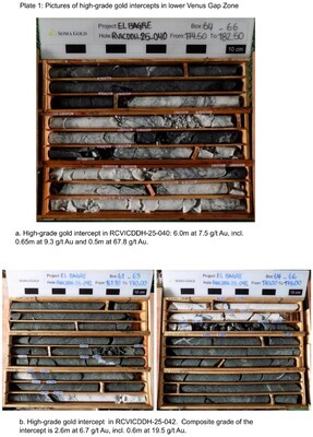 Plate 1: Pictures of high-grade gold intercepts in the lower Venus Gap Zone. (CNW Group/Soma Gold Corp.)