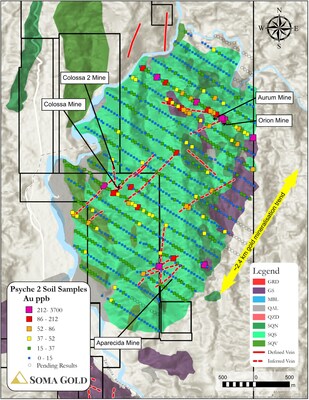 Picture 4: Soil sample grid for Au (ppb) and informal mine locations (CNW Group/Soma Gold Corp.)