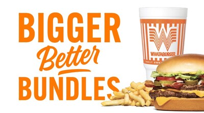 Whataburger meal featuring a cheeseburger with lettuce, tomato, pickles, and onions, served with fries and a large drink in a branded cup. Bold orange text on the left reads 'Bigger Better Bundles.