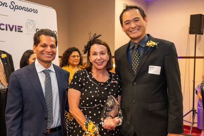 Inland Empire Health Plan Chief Operating Officer Susie White, center, poses for a photo with Drs. William Jih and Rahul Nayyar during the San Bernardino County Medical Society’s annual Installation of Officers and Award Recognition Dinner on June 26. (Courtesy Photo)