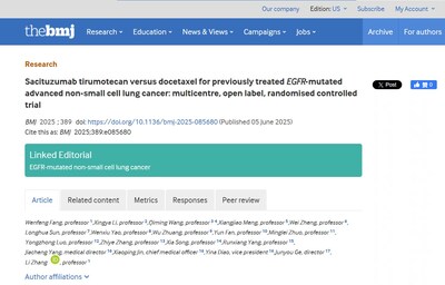 (Reference: Fang W, Li X, Wang Q, et al. Sacituzumab tirumotecan versus docetaxel for previously treated EGFR-mutant advanced non-small-cell lung cancer: an open-label, randomized, multicentre trial. BMJ 2025;389:e085680. doi:10.1136/bmj-2025-085680)