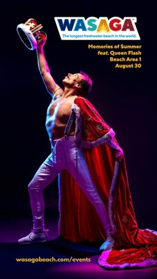 An image of a man who resembles the late Freddie Mercury, former lead singer of the iconic rock band "Queen", wears a cape and raises a crown up into the air triumphantly. Above this is a rainbow-coloured Wasaga Beach bumper sticker with the Town of Wasaga Beach's official tagline: The longest freshwater beach in the world. Below, there is text that promotes the Town's annual Memories of Summer concert, which takes place on August 30, under the stars at Beach Area 1. (CNW Group/Town of Wasaga Beach)
