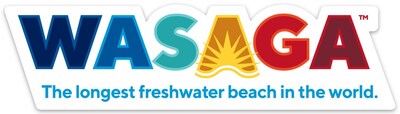 Official Town of Wasaga Beach tourism logo. It consists of the word WASAGA in capitals and each letter is a different colour of the rainbow: W is dark blue,  A is a lighter blue, S is a shade of teal, A is yellow with a sunburst in the middle, G is orange and the last A is a deeper shade of red. There is a tagline along the bottom that says: "The longest freshwater beach in the world." (CNW Group/Town of Wasaga Beach)