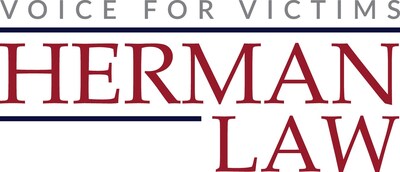 Logo of Herman Law, a firm dedicated to advocating for victims, featuring the tagline ‘Voice for Victims’ in gray above ‘Herman Law’ in bold red text with navy blue accent lines. (PRNewsfoto/Herman Law)