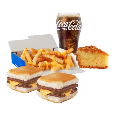 "The Lou" Combo includes:
• 2 Bottom-Bun Cheese Sliders (a secret-menu sensation born in The Lou)
• An order of Cheese Fries (a popular menu item in St. Louis)
• A Gooey Butter Cake Dessert-on-a-Stick (the celebrated St. Louis dessert)
• A 21 oz. Freestyle Beverage