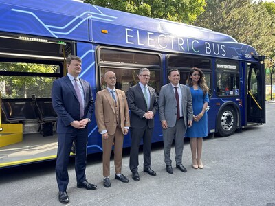 From left to right: Tim Boothman, global director of EV fleet, Zenobē; Steven Meersman, founder director, Zenobē; Sir Keir Starmer, Prime Minister of the United Kingdom; Patrick Brown, Mayor of Brampton, Ontario and The Honourable Fouzia Younis, British Consul General in Toronto, in front of an electric bus in Ottawa, Canada, highlighting international collaboration and the growth of clean transit solutions, Sunday, June 15, 2025.