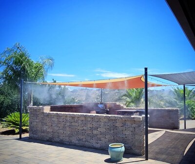 The cutting-edge design of aerMist misters can cool outdoor spaces by up to 20 degrees while keeping surrounding areas dry and free of mosquitoes and other pests.