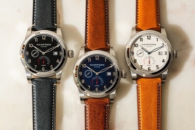 The Model 1 Sullivan, Hampden’s flagship automatic, shown in all three dial colors: Carbon, Navy, and Parchment. Each features a Swiss Made Sellita movement, 38-hour power reserve display, and the patented Casecap® system for interchangeable caseback personalization.