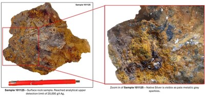 Image of surface rock sample (grab) 101125 which reached the analytical upper detection limit of 20,000 g/t Ag. Visible native silver is observed on the sample (left image) and on the zoom portion of the picture (right image), displaying native silver with pale grey metallic color and sparkly disseminated habit. (CNW Group/Argenta Silver Corp.)