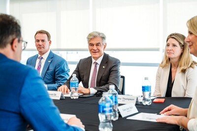 Dr. Oz speaks with cross-sector leaders at the private roundtable hosted by AtlantiCare in Atlantic City, NJ. | Seated left to right:  Michael Charlton, President and CEO of AtlantiCare, Dr. Mehmet Oz, CMS Administrator, and Ashley Thompson, SVP, Policy Analysis and Development, American Hospital Association.