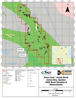 Figure 3: Elmer East – Map of Samples and Geological Mapping of the South Block (CNW Group/Comet Lithium Corporation)