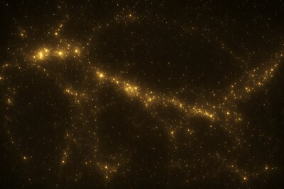 The glowing lights of galaxies and galaxy clusters illuminate invisible dark matter highways in this region of the universe, viewed in the direction of the constellations Perseus and Pisces. Each dot is an entire galaxy, part of a colossal structure stretching across millions of light-years. Credit: Michael West.