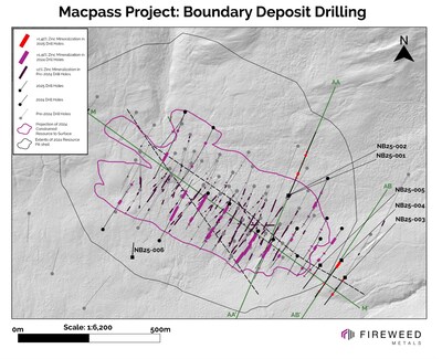Map 2: Boundary Zone composite intervals in 2025 drilling, 2024 drilling and pre-2024 drilling with constrained resource projection to surface (CNW Group/Fireweed Metals Corp.)