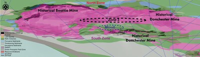 Figure 4: Plan view map of the Duparquet geology, mineral resource, and historical mine workings in the core Beattie syenite area. (CNW Group/First Mining Gold Corp.)