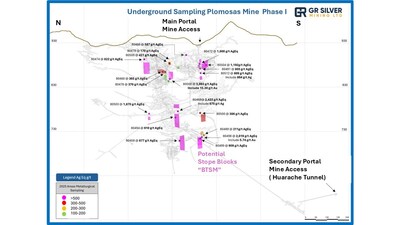 Figure 1 - 3D Long-Section View of the Plomosas Mine with Areas Selected for Phase I Sampling. (CNW Group/GR Silver Mining Ltd.)