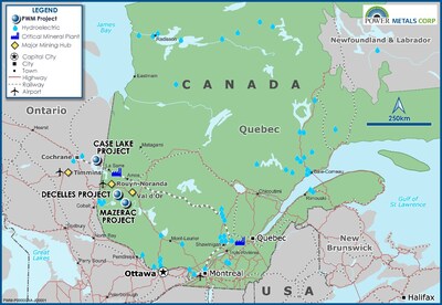 Figure 4 – Power Metals Corp Project Locations Map in Ontario and Quebec Canada (CNW Group/Power Metals Corp.)