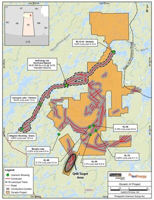 Figure 1: Location of the Larocque Trend, host to the high-grade Hurricane deposit and multiple high-grade uranium occurrences within the newly formed Project. The Q48 Target Area, priority focus for the 2025 drill program is highlighted. * See Qualified Person Statement below. (CNW Group/IsoEnergy Ltd.)