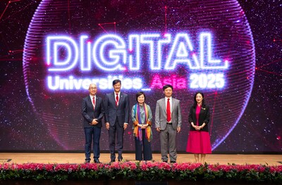 Opening Ceremony of the THE Digital Universities Asia 2025 Summit. (From left: Prof Raymond Chan Hon-fu, Vice-President (Academics) cum Provost of Lingnan University, Mr Andrew Yao Cho-fai, Council Chairman, Dr Choi Yuk-lin, Secretary for Education, Prof S. Joe Qin, President of Lingnan University, Ms Lim Mei-mei, THE President for APAC)