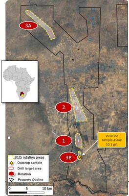 Kraaipan project area with areas of focus for three rotations of RC drilling activity, May to August 2025 (CNW Group/North Arrow Minerals Inc.) Kraaipan project area with areas of focus for three rotations of RC drilling activity, May to August 2025 (CNW Group/North Arrow Minerals Inc.)