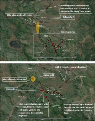 Maps show location of drill-holes and select intervals of interest with hydrothermal breccias and veins shown in red triangles and lines and short intervals of trace amounts chalcopyrite +/- bornite, +/- molybdenite in green triangles and lines. (CNW Group/Northern Shield Resources Inc.)