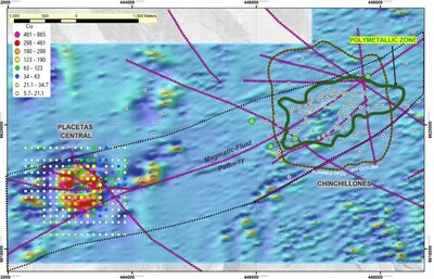 Map 3. Highly prospective Chinchillones-Placetas corridor with the polymetallic zone at the Chinchillones polymetallic deposit and the copper soil geochemistry over the Miocene-aged Placetas Central porphyry Cu-Mo-Au prospect. The TMIRTP image highlights a 650m-diameter Placetas intrusion complex and other adjacent, probable intrusion centers represented by magnetic highs. At Placetas Central, there is a significant fault-controlled EW-trending magnetite-destructive zone forming an elongated magnetics “doughnut.” (CNW Group/Minsud Resources Corp.)