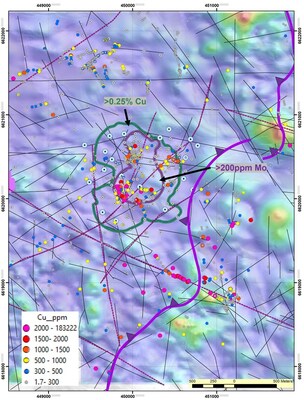 Map 5. PSU porphyry showing results of Cu-in-rocks surface geochemistry and magnetite-depleted zones from the magnetics images (Analytical Signal). Also shown is the extent of the supergene-enriched PSU deposit. (CNW Group/Minsud Resources Corp.)