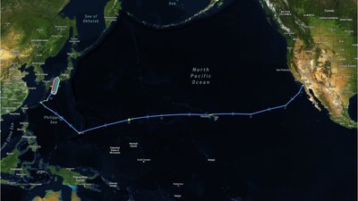 Track of Seasats' Lightfish ASV trans-Pacific journey from San Diego, California to Japan. The mission showcased the reliability and operational capability of Seasats' autonomous surface vessels for defense, oceanographic research, and commercial applications.
