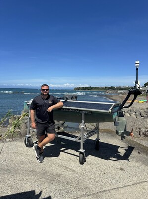 Seasats' Lightfish autonomous surface vessel (ASV) after successfully completing its trans-Pacific mission. The solar-powered ASV demonstrated long-range endurance and fully autonomous navigation, arriving in Japan after thousands of miles at sea.