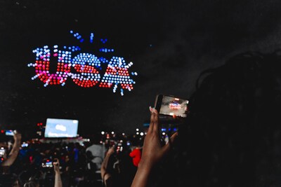 Fans watch a Sky Elements Drones show on Thursday, July 3, 2025, in Irving, Texas. The company set three Guinness World Records over the 4th of July weekend. (Courtesy Sky Elements Drones)
