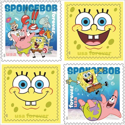 Two yellow stamps feature SpongeBob’s face. A third stamp includes the characters Sandy Cheeks, Patrick Star, Plankton, Mr. Krabs, SpongeBob, Gary, and Squidward Tentacles. The fourth stamp shows SpongeBob and Patrick.