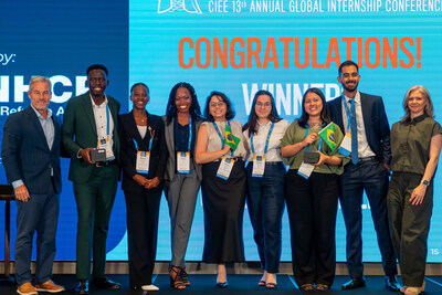 Winners of the 2025 CIEE UNHCR Student Challenge, Team Unstoppables and Team Path Seekers, with CIEE President and CEO James P. Pellow (left) and CIEE VP Institutional Research & Outcomes and VP Global Ventures Alexandra Wood (right) at GIC in Singapore.