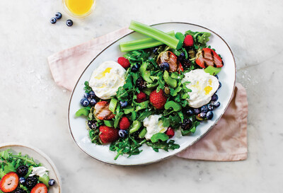 Fresh Salad with Grilled Strawberries and Celery, Berries and Burrata
