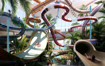Therme Canada's innovative waterpark and wellness centre is where visitors will be able to enjoy waterslides, but also thermal bathing, social saunas, pools, and relaxation areas inspired by global spa traditions. (CNW Group/Therme Canada)