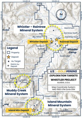 Figure 1  The Whistler Project, containing three gold ± copper ± silver mineral systems:  Whistler – Raintree, which contains the existing Whistler and Raintree deposits; Island Mountain which contains the namesake gold deposit and several additional undrilled targets; and Muddy Creek which contains potential for discovery of an intrusive related gold system. (CNW Group/U.S. GoldMining Inc.)